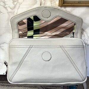 Tiganello Leather Crossbody Grey Zip Top Graphic Satin Lining Vintage SO CUTE